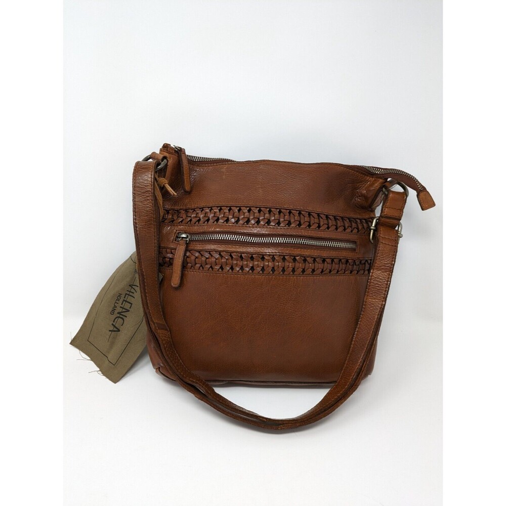 Vilenca Holland Cognac Leather Crossbody Handbag Woven Square Zipper NWT